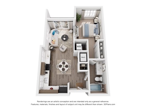 Floor plan for 1 bed, 1 bath, 589 sqft